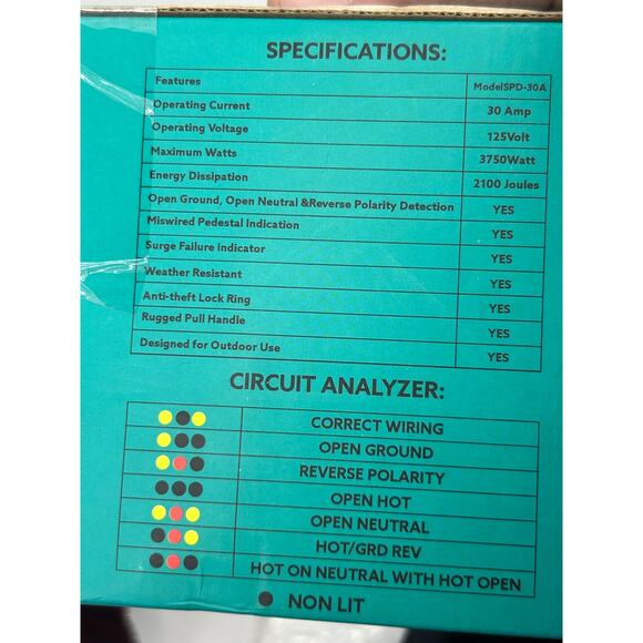 Elecall 30amp 125V 3750W Circuit Analyzer Outlet Tester Surge Protection NEW - Picture 5 of 7